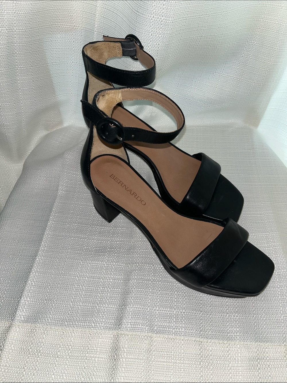 Bernardo Black Leather Ankle-Strap Block Heel Sandals